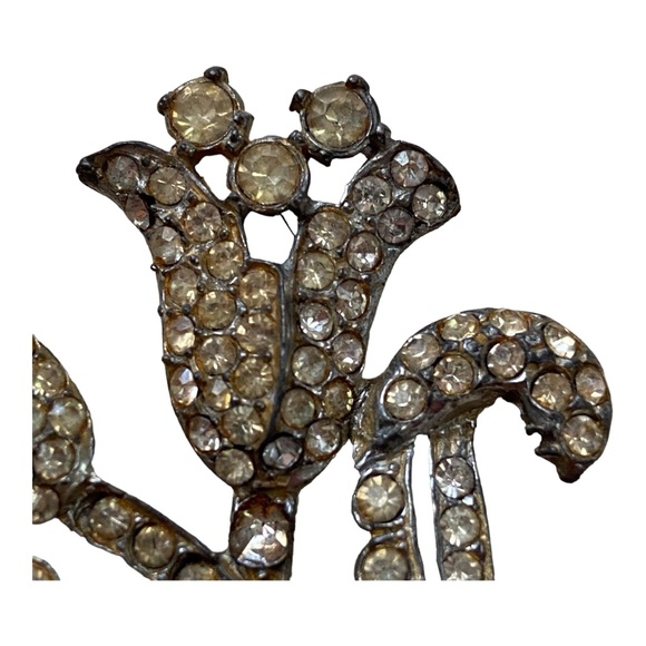 Vintage Rhinestone Tulip Flower Bow Brooch Silver Tone Old Pot Metal 30’s-40’s - Picture 3 of 9